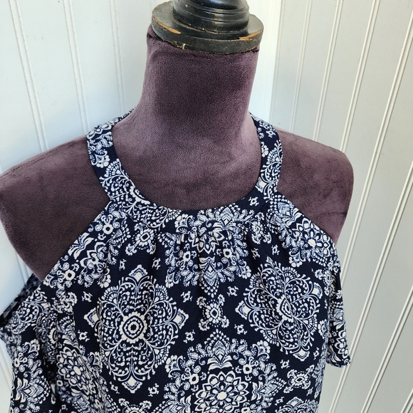 Iz Byer Blouse Top Womens Multi Floral Cold Shoulder Sleeve Halter Neck Blue S - Picture 3 of 11